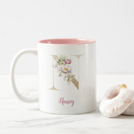 Caneca De Café Em Dois Tons Letra Dourada N, Monograma N, Presente Floral Rosa