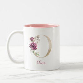 Caneca De Café Em Dois Tons Letra Dourada O, Monograma O, Floral Cor-de-Rosa D