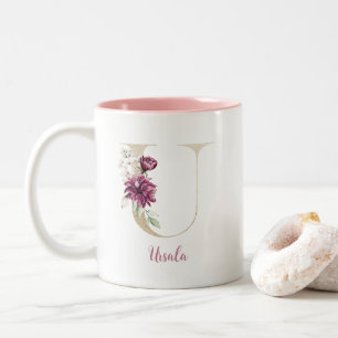 Caneca De Café Em Dois Tons Letra Dourada U, Monograma U, Floral Rosa Dando-Lh