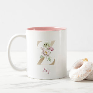 Caneca De Café Em Dois Tons Letra Dourada Z, Monograma Z, Presente Floral Rosa