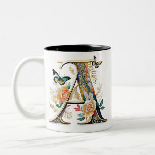 Caneca De Café Em Dois Tons Letra floral elegante bohemiana A