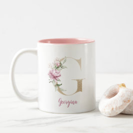 Caneca De Café Em Dois Tons Letra G Dourada, Monograma G, Presente Floral Rosa