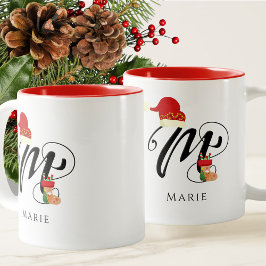 Caneca De Café Em Dois Tons Letra Inicial Monograma Nome Moderno M Natal