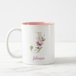 Caneca De Café Em Dois Tons Letra J Dourada, Monograma J, Presente Floral Rosa