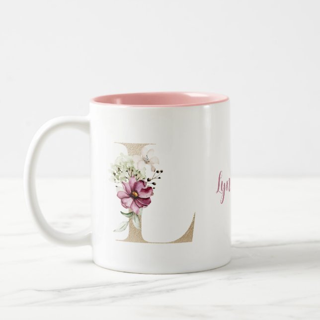 Caneca De Café Em Dois Tons Letra L Dourada Personalizada com Floral Rosa  (Esquerda)