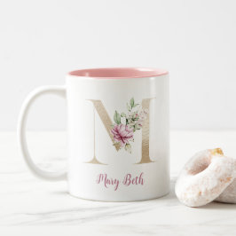 Caneca De Café Em Dois Tons Letra M Dourada, Monograma M, Presente Floral Rosa