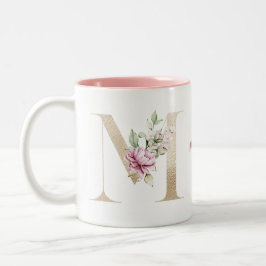 Caneca De Café Em Dois Tons Letra M Dourada Monogramada Personalizada Flor Ros