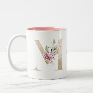 Caneca De Café Em Dois Tons Letra M Dourada Monogramada Personalizada Flor Ros