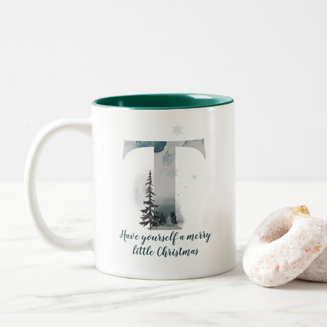 Caneca De Café Em Dois Tons Letra natalina T alfabética Coffee Mug (Com Donut)