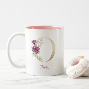 Caneca De Café Em Dois Tons Letra O Dourada, Monograma O, Presente Floral Rosa