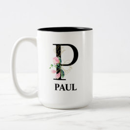 Caneca De Café Em Dois Tons Letra P monograma floral bonita alfabeto