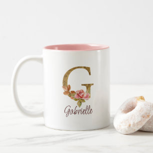 Caneca De Café Em Dois Tons Letra Personalizada G Folha Dourada Rosas Rosa Des
