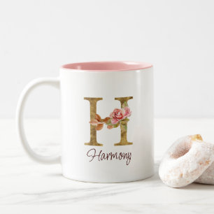 Caneca De Café Em Dois Tons Letra Personalizada H Folha Dourada Rosas Rosa Pál