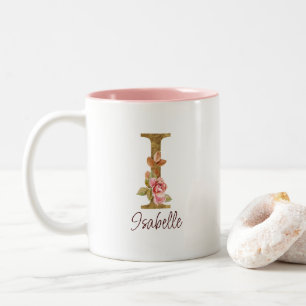 Caneca De Café Em Dois Tons Letra Personalizada I Dourado Folheado Rosas Rosa 