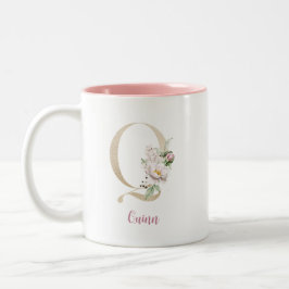 Caneca De Café Em Dois Tons Letra Q Dourada, Monograma Q, Presente Floral Rosa