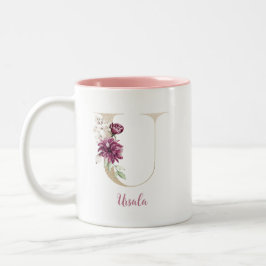 Caneca De Café Em Dois Tons Letra U Dourada, Monograma U, Presente Floral Rosa