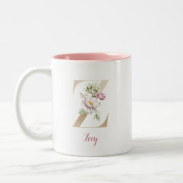 Caneca De Café Em Dois Tons Letra Z em Ouro, Monograma Z, Presente Floral Rosa