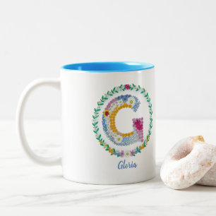Caneca De Café Em Dois Tons Letras Flores "G" Inicial com Nome Personalizado