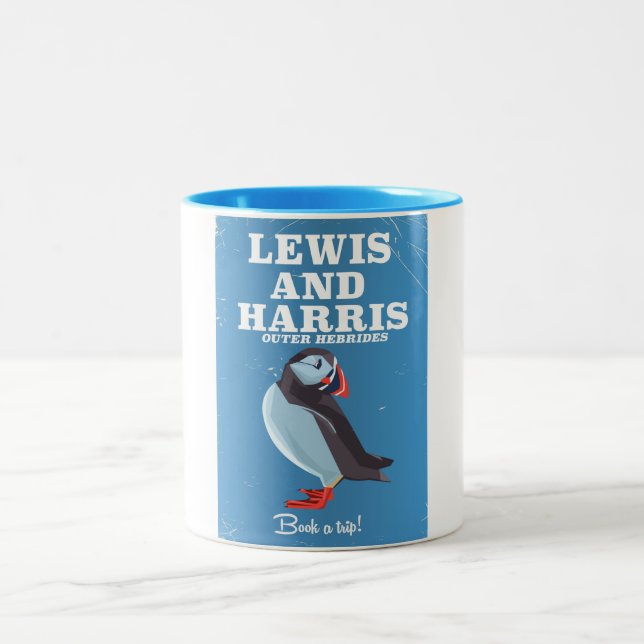 Caneca De Café Em Dois Tons Lewis e Harris Scotland Puffin poster de viagens (Centro)