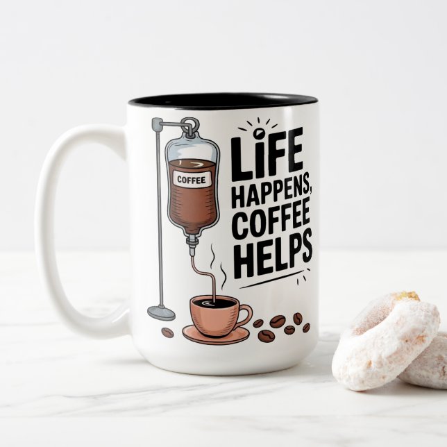 Caneca De Café Em Dois Tons Life Happens Coffee Helps Funny Coffee Lover (Com Donut)