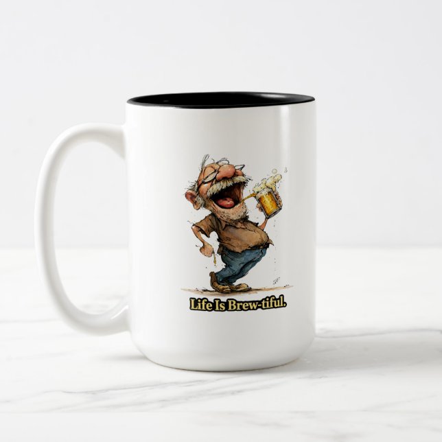 Caneca De Café Em Dois Tons Life Is Brew-tiful Funny Beer Cartoon Tee (Esquerda)