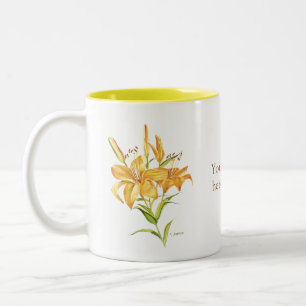 Caneca De Café Em Dois Tons Lily de tigre amarela e castanha com a palavra Mug