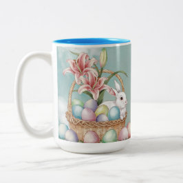 Caneca De Café Em Dois Tons Lily Watercolor e Ovos de Pastel com Coelhinho no