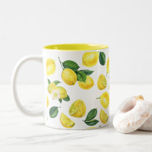 Caneca De Café Em Dois Tons Limões Amarelos Padrão de Fruta de Aquarela