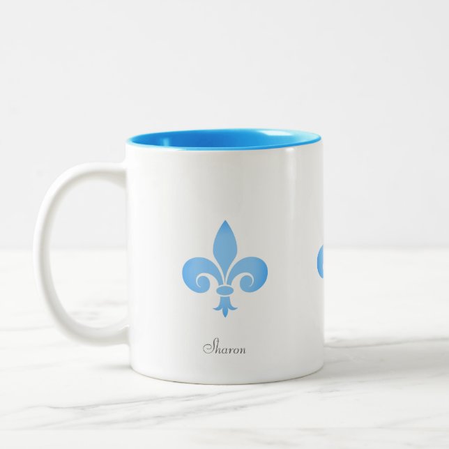 Caneca De Café Em Dois Tons Linda Flor Fleur-de-lis em Turquesa (Esquerda)