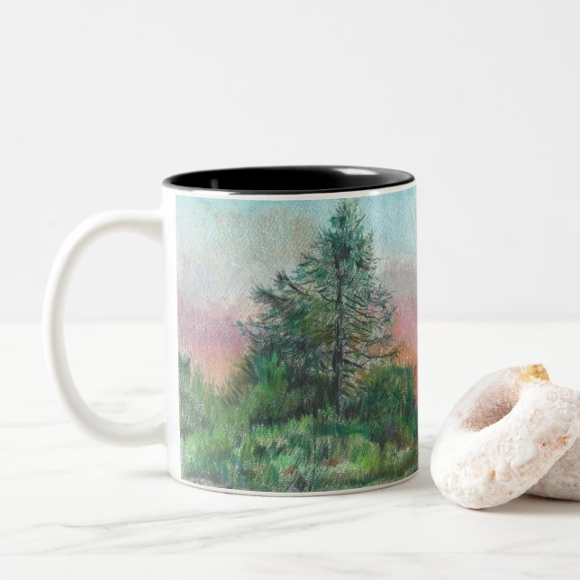 Caneca De Café Em Dois Tons Linda paisagem Árvores de Arte Rosa Céu (Com Donut)