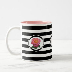 Caneca De Café Em Dois Tons Linda Rosa Rosa em Listras Pretas e Brancas