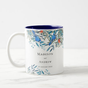 Caneca De Café Em Dois Tons Lindas Aves de Aquarela e Casamento Foliar
