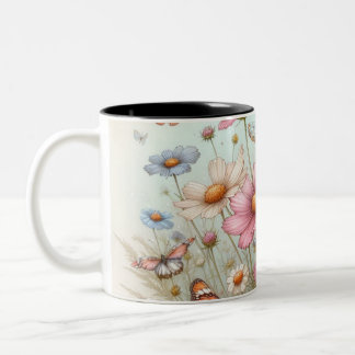 Caneca De Café Em Dois Tons Lindas borboletas em flores de louro