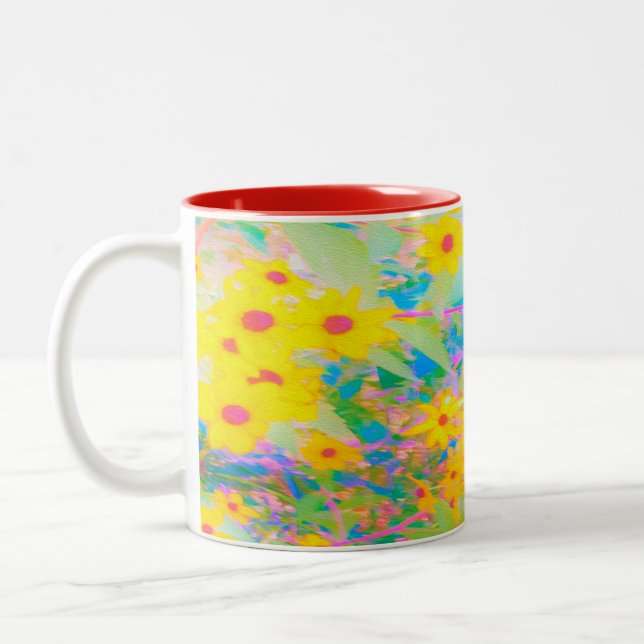 Caneca De Café Em Dois Tons Lindas Flores Amarelas e Vermelhas com Turquesa (Esquerda)