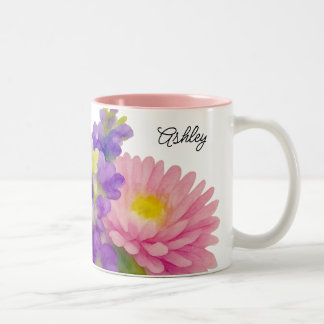 Caneca De Café Em Dois Tons Lindo Buquê de Flores em Aquarela Nome Personaliza