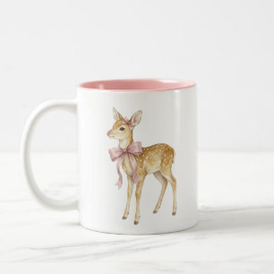 Caneca De Café Em Dois Tons Lindo cervo bebê em aquarela com laço rosa Tom-dup