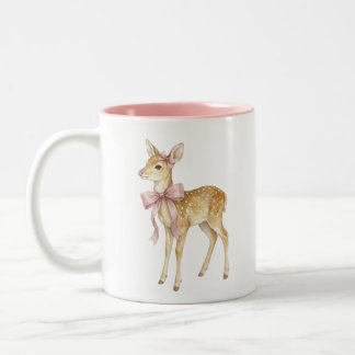 Caneca De Café Em Dois Tons Lindo cervo bebê em aquarela com laço rosa Tom-dup