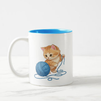 Caneca De Café Em Dois Tons Lindo Gatinho Laranja com Bola de Lã em Duas Cores