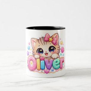 Caneca De Café Em Dois Tons Lindo Nome de Gato Oliver Kawaii Rosa Pastel Brilh