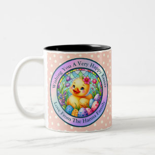Caneca De Café Em Dois Tons Lindo Pintinho de Páscoa, Flores e Ovos Coloridos