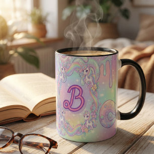 Caneca De Café Em Dois Tons Lindo Unicórnio Kawaii Arco-íris Pastel Mágico