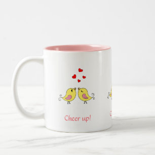 Caneca De Café Em Dois Tons Lindos passarinhos, corações e caligrafia rosa