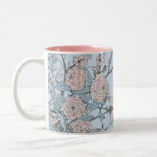 Caneca De Café Em Dois Tons Lírios cor-de-rosa e Rosas em azul