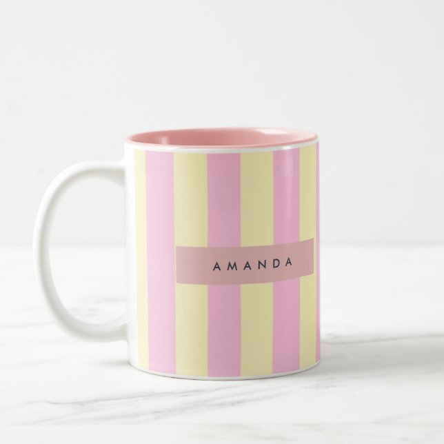 Caneca De Café Em Dois Tons Listra Rosa Pastel e Amarelo Personalizada (Esquerda)