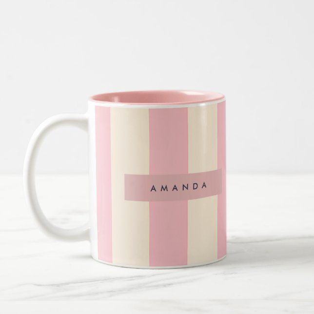 Caneca De Café Em Dois Tons Listra Rosa Suave e Creme Personalizada (Esquerda)