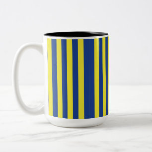 Caneca De Café Em Dois Tons Listras Azuis Escuras e Amarelas