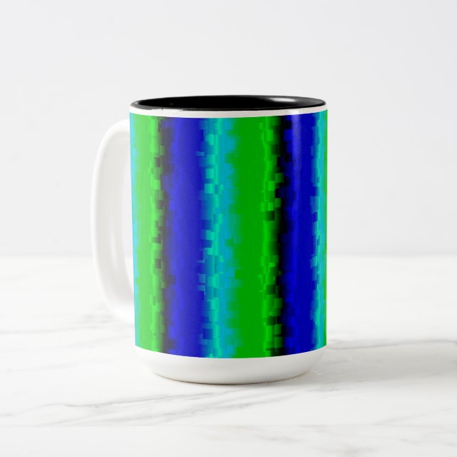 Caneca De Café Em Dois Tons Listras de Vidro Quebrado Azul Verde (Frente Esquerda)