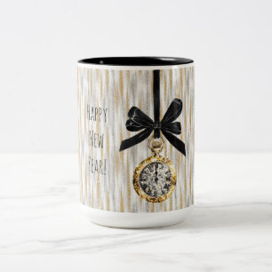 Caneca De Café Em Dois Tons Listras Douradas Prateadas Réveillon Meia-Noite