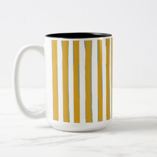 Caneca De Café Em Dois Tons Listras Verticais Amarelo Mostarda e Branco Pintad