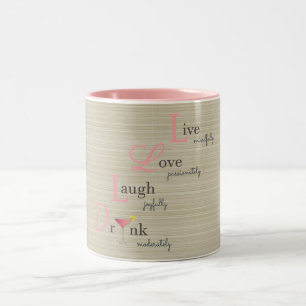 Caneca De Café Em Dois Tons Live Love Laugh e Beba as listras de bege
